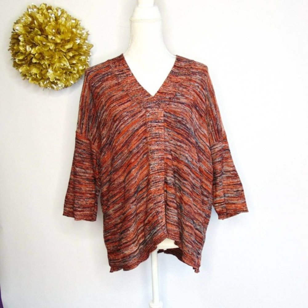 Pure Jill Womens Pullover Sweater Brown Marled 3/4 Sleeve V Neck Petites XS